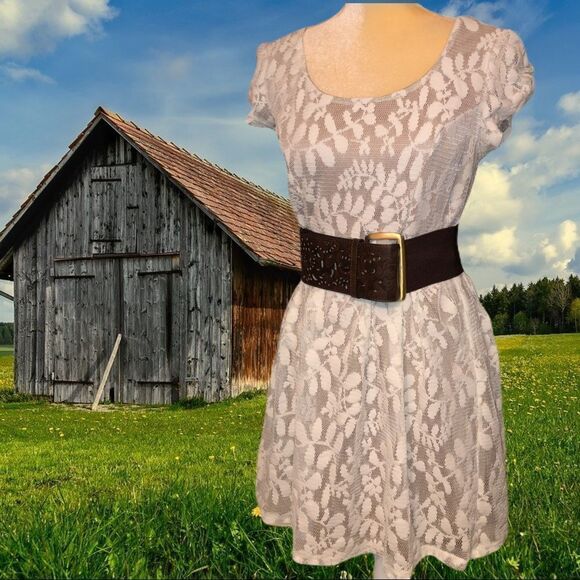 Sequin hearts brand cream lace over tan dress - Picture 4 of 8